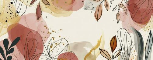 AI generated Abstract art background. Luxury minimal style wallpaper with golden line art flower and botanical leaves, Organic shapes, Watercolor background. photo