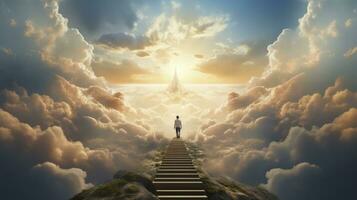 AI generated A man walking up the stairs to heaven photo