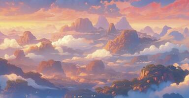 AI generated An enchanting anime landscape of a mist-covered mountain range during sunrise photo