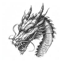 AI generated Black and white line drawing simple logo Japanese three-eyed dragon head. photo