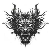 AI generated Black and white line drawing simple logo Japanese three-eyed dragon head. photo