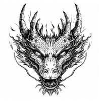 AI generated Black and white line drawing simple logo Japanese three-eyed dragon head. photo