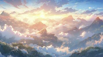 AI generated An enchanting anime landscape of a mist-covered mountain range during sunrise photo
