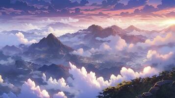 AI generated An enchanting anime landscape of a mist-covered mountain range during sunrise photo