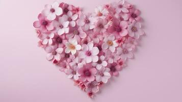 ai generado corazón forma hecho de rosado flores en contra pastel rosado antecedentes foto