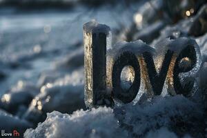 AI generated Love inscription on snow and frost on frosty winter day photo