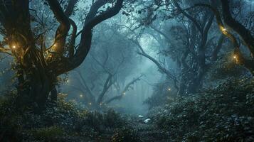 ai generado mágico fantasía hada cuento escenario, noche en un bosque. foto
