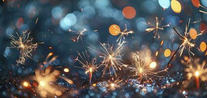 AI generated Fireworks background with blue bokeh light and fireworks photo