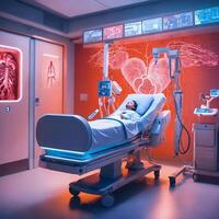 AI generated hospital empty operation room with surgery bed and surgery light generative ai photo