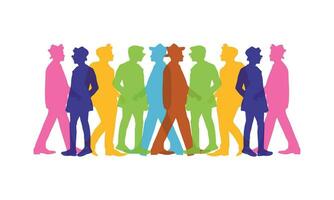 Colorful diverse people crowd. Diverse people group. Flat design vector illustration. A colorful illustration of diverse silhouetted people in profile