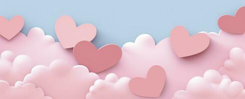 AI generated Happy valentines day background with paper cut style pink clouds and hearts photo