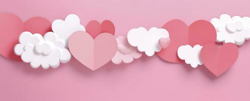 AI generated Happy valentines day background with paper cut style pink clouds and hearts photo