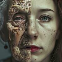 AI generated Poor old women with rich young women, both face mixed. photo