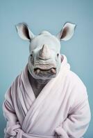 ai generado rinoceronte con bata de baño pastel azul antecedentes fotografía foto