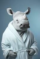 ai generado rinoceronte con bata de baño pastel azul antecedentes fotografía foto