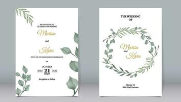 Elegant wedding invitation with watercolor style of circular shaped eucalyptus leaves and white background vector