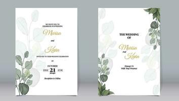 Elegant wedding invitation with watercolor style of eucalyptus leaves and white background vector