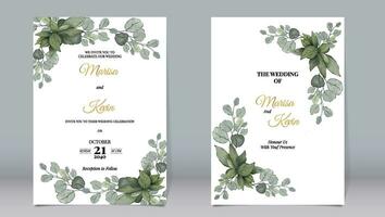 Elegant wedding invitation with watercolor style of eucalyptus leaves and white background vector