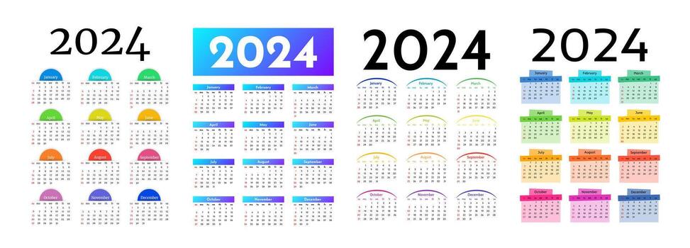 Set of four vertical calendars for 2024 isolated on a white background. Sunday to Monday, business template. Vector illustration