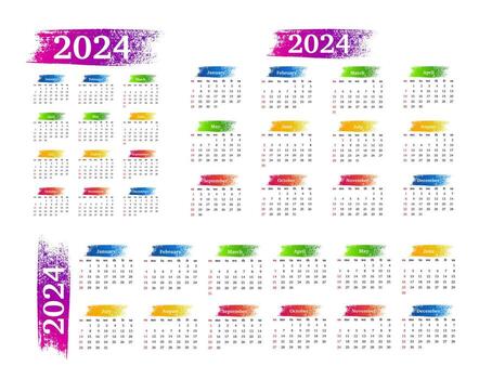 Set of three calendars for 2024 in different forms isolated on a white background. Sunday to Monday, business template. Vector illustration