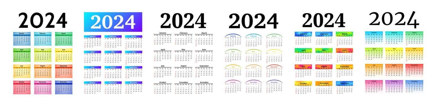 Set of six calendars for 2024 isolated on a white background. Sunday to Monday, business template. Vector illustration