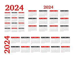 Set of three calendars for 2024 in different forms isolated on a white background. Sunday to Monday, business template. Vector illustration