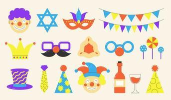 Collection of festive Purim carnival elements. Cute and funny holiday cartoon accessories in flat style. Vector illustration