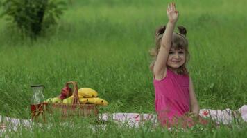 Weekend at picnic. Lovely caucasian child girl on green grass meadow sit on blanket waving her hands video