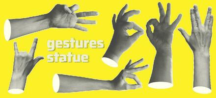 Set statue hands halftone style for collage design. Fingers show gestures as ok, peace, thumb up, point to object, rock, isolated on Yellow background. Contemporary modern art. Vector illustration.