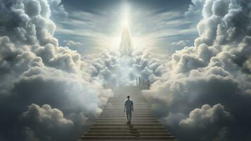 AI generated A man walking up the stairs to heaven photo