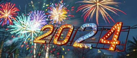 ai generado contento nuevo año 2024 con fuegos artificiales foto