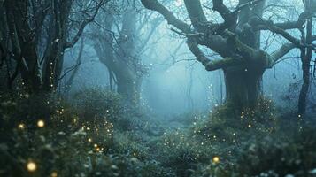 ai generado mágico fantasía hada cuento escenario, noche en un bosque. foto