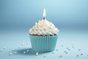 AI generated Birthday candle on a cupcake, in the style of light sky-blue and dark white. photo
