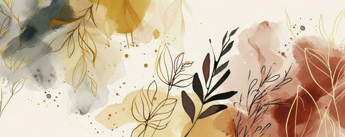 AI generated Abstract art background. Luxury minimal style wallpaper with golden line art flower and botanical leaves, Organic shapes, Watercolor background. photo