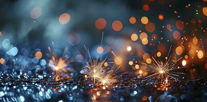 AI generated Fireworks background with blue bokeh light and fireworks photo