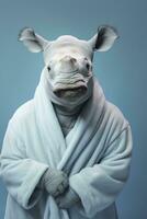 AI generated Rhinoceros with bathrobe pastel blue background photography photo
