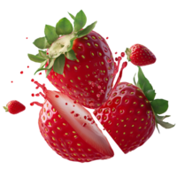 AI generated Pieces of fresh Stawberry fruit flying around. 3d design, Suitable for food, beverage and design elements png