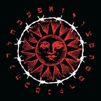 T-shirt design of the sun in red surrounded by the Hebrew alphabet and a barbed wire. satanic circle vector