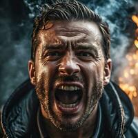 AI generated Close up portrait of man screaming in rage. photo