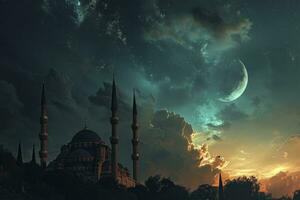 AI generated Crescent and bright star in the sky, above the mosque photo