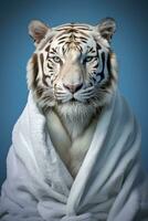 ai generado Tigre con blanco bata de baño pastel azul antecedentes. foto