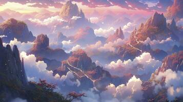 AI generated An enchanting anime landscape of a mist-covered mountain range during sunrise photo