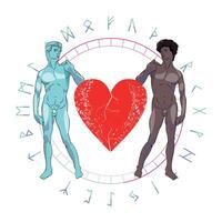 T-shirt design of two naked young men and a heart in the middle. Runic alphabet. Michelangelo's Davids with different skin colors. vector