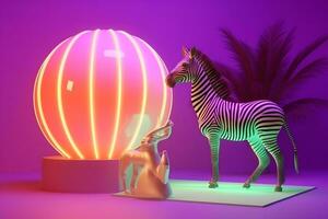 AI generated Zebra on a bright rainbow psychedelic background. Neural network AI generated photo