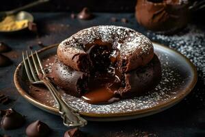 ai generado delicioso Fresco fondant con caliente chocolate y menta en negro mesa. neural red ai generado foto