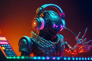 AI generated Robot disc jockey at the dj mixer and turntable plays nightclub during party. EDM entertainment party concept. Neural network generated art photo