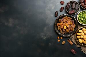 AI generated top view of dates and iftar items still life photo