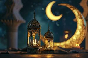 AI generated Ornamental Arabic lantern glowing invitation for Muslim holy month Ramadan Kareem photo