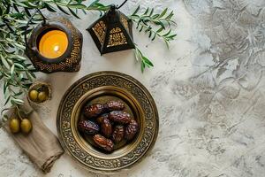 AI generated top view Ramadan Kareem mockup. Bronze plate with dates fruit, olive branches, glowing white marble table. photo