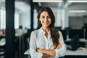 AI generated Portrait of successful and happy businesswoman, office worker smiling and looking at camera with crossed arms, working inside modern office. photo